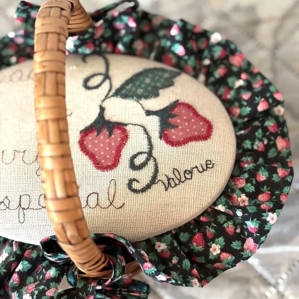 Vintage Wicker Sewing Basket Strawberry Applique Embroidery Floral Cottagecore